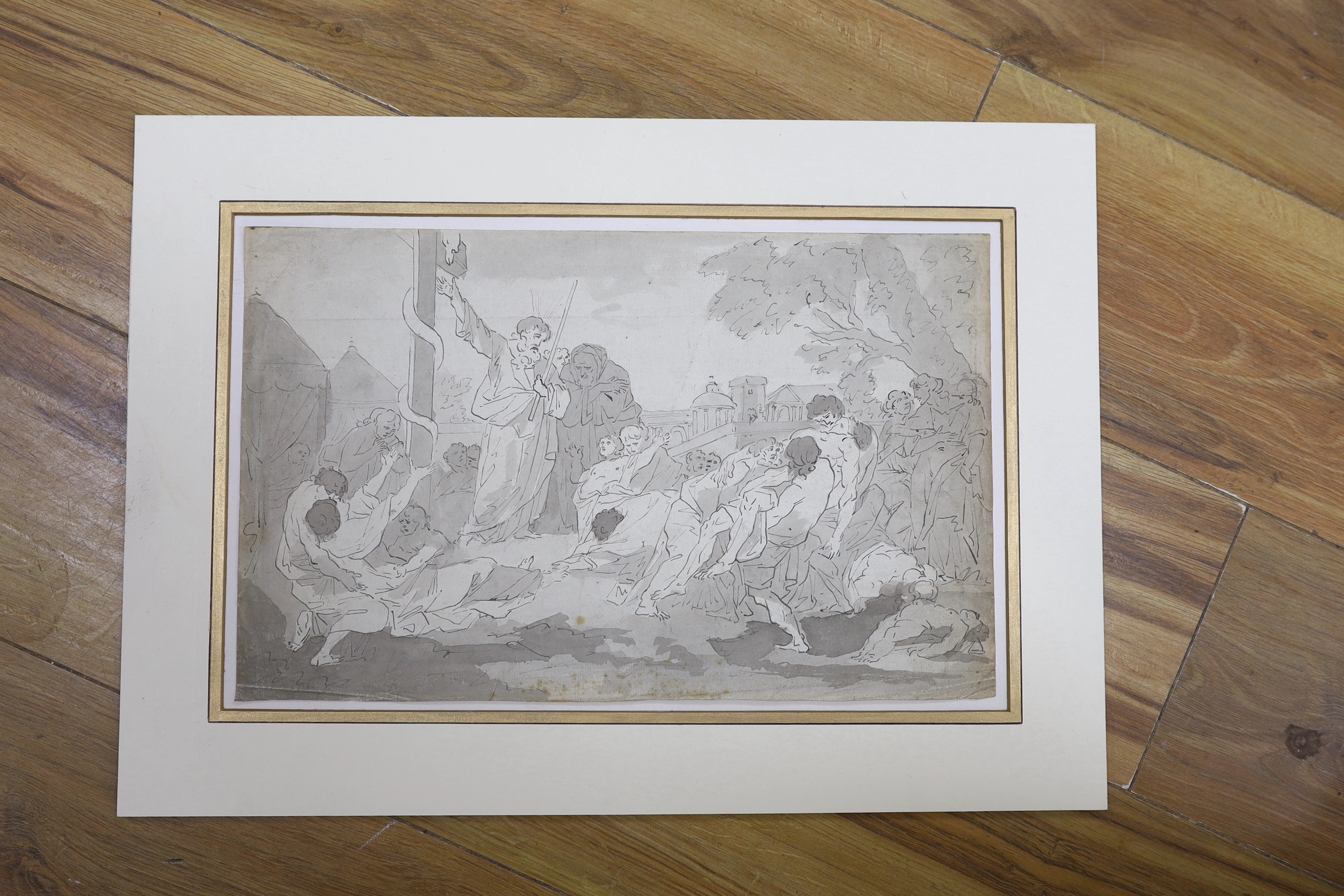 18th century Old Master, ink and wash, Religious scene, ‘Descent from the Cross’ mounted, 24 x 37cm, unframed